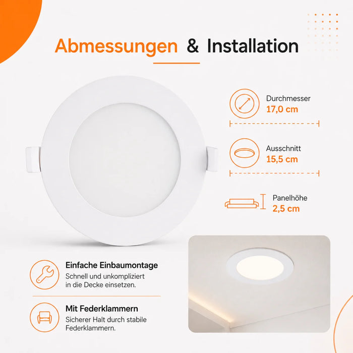 LED Panel Einbauleuchte rund 12W IP20 Ø 15,5 cm | CCT (warmweiß 3000K, neutralweiß 4200K, kaltweiß 6400K)