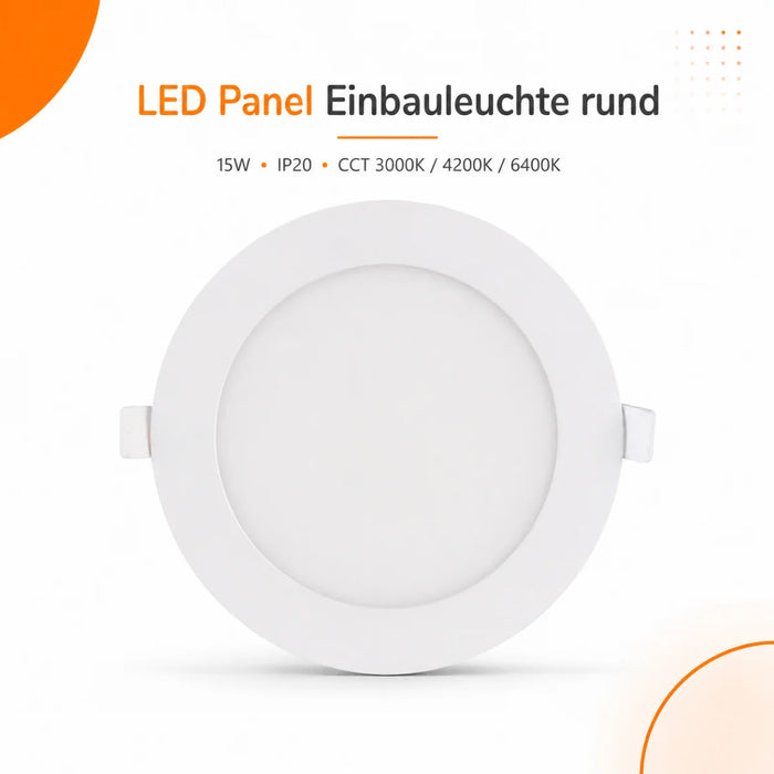 LED Panel Einbauleuchte rund 15W IP20 Ø 18,5 cm | CCT (warmweiß 3000K, neutralweiß 4200K, kaltweiß 6400K)
