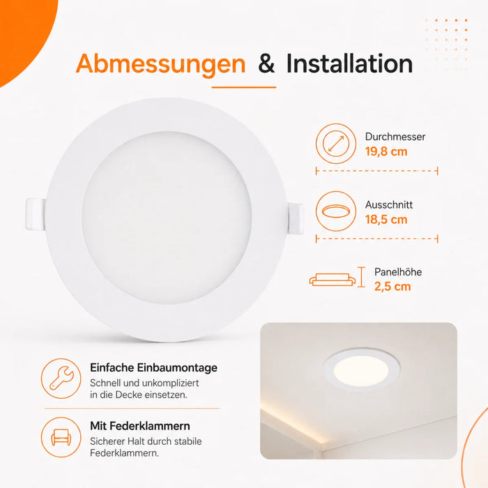 LED Panel Einbauleuchte rund 15W IP20 Ø 18,5 cm | CCT (warmweiß 3000K, neutralweiß 4200K, kaltweiß 6400K)