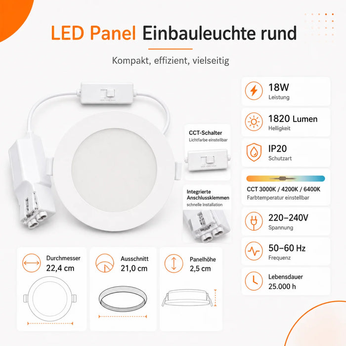 LED Panel Einbauleuchte rund 18W IP20 Ø 21,0 cm | CCT (warmweiß 3000K, neutralweiß 4200K, kaltweiß 6400K)