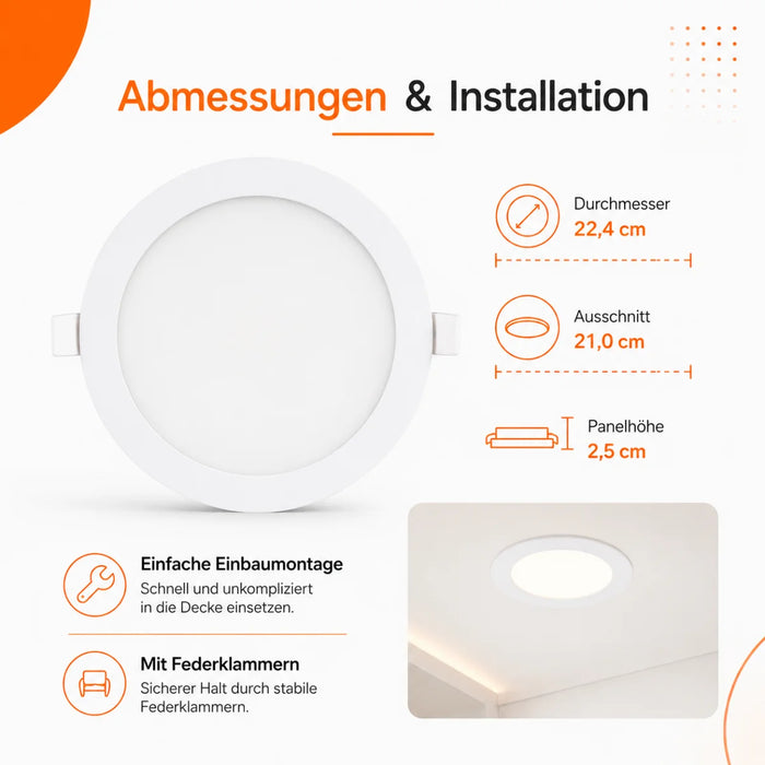 LED Panel Einbauleuchte rund 18W IP20 Ø 21,0 cm | CCT (warmweiß 3000K, neutralweiß 4200K, kaltweiß 6400K)