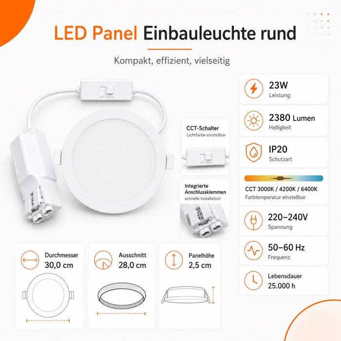 LED Panel Einbauleuchte rund 23W IP20 Ø 28,0 cm | CCT (warmweiß 3000K, neutralweiß 4200K, kaltweiß 6400K)