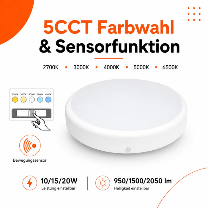 LED Deckenleuchte mit Sensor – 10W-15W-20W | 3 Wattstufen 5 CCT 2700K/3000K/4000K/5000K/6500K