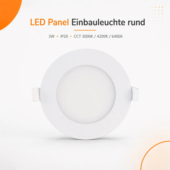 LED Panel Einbauleuchte rund 3W IP20 Ø 7,5 cm | CCT (warmweiß 3000K, neutralweiß 4200K, kaltweiß 6400K)