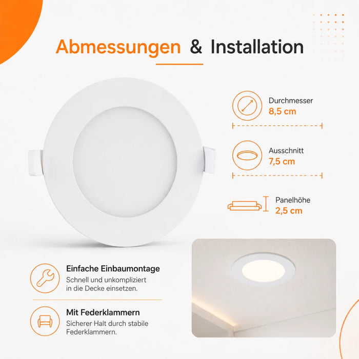 LED Panel Einbauleuchte rund 3W IP20 Ø 7,5 cm | CCT (warmweiß 3000K, neutralweiß 4200K, kaltweiß 6400K)