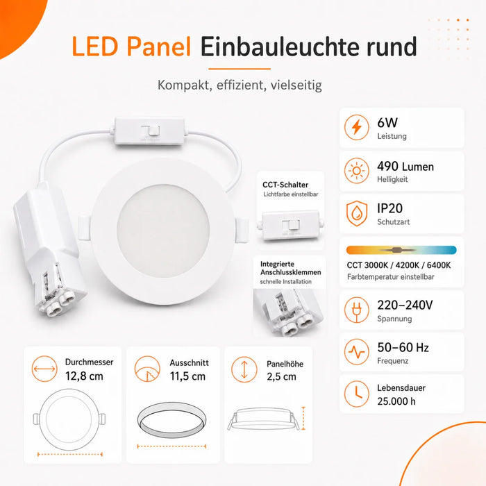 LED Panel Einbauleuchte rund 6W IP20 Ø 11,5 cm | CCT (warmweiß 3000K, neutralweiß 4200K, kaltweiß 6400K)
