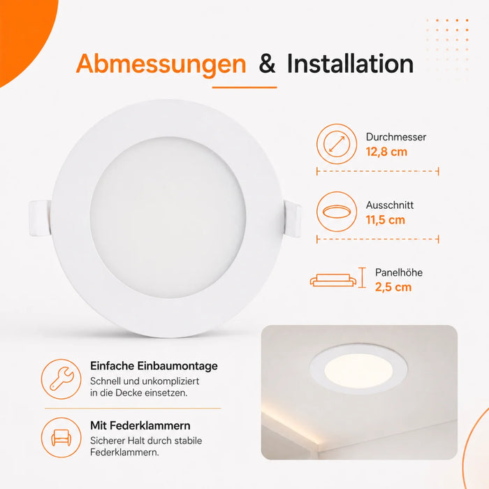 LED Panel Einbauleuchte rund 6W IP20 Ø 11,5 cm | CCT (warmweiß 3000K, neutralweiß 4200K, kaltweiß 6400K)