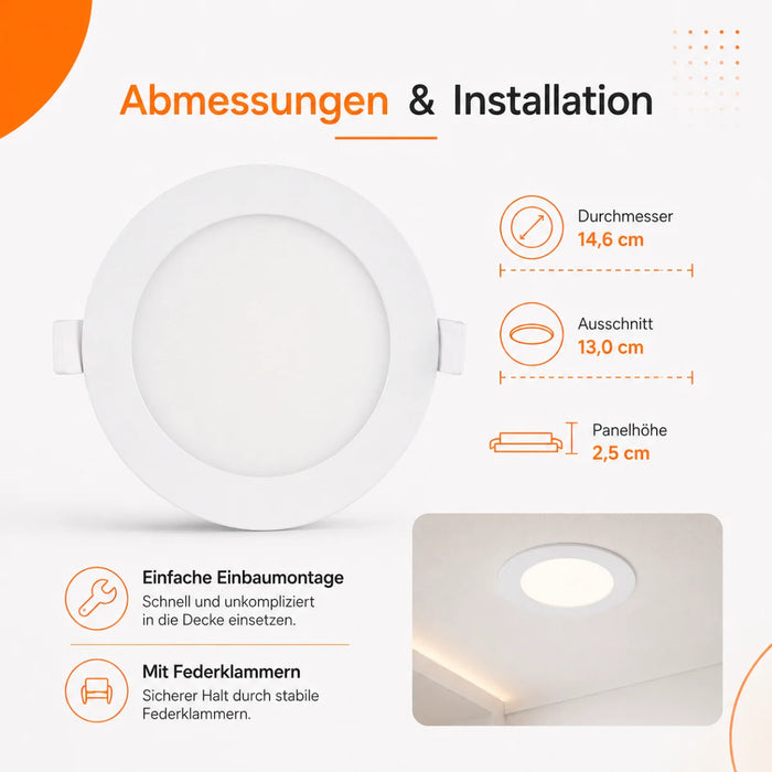 LED Panel Einbauleuchte rund 9W IP20 Ø 13,0 cm | CCT (warmweiß 3000K, neutralweiß 4200K, kaltweiß 6400K)