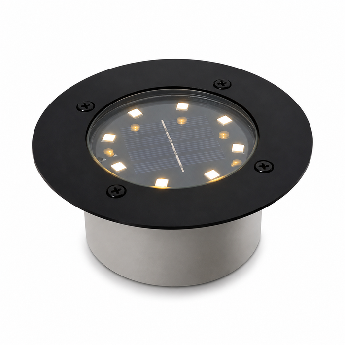 Solar LED Bodeneinbaustrahler 12 cm | IP65 | Edelstahl & Aluminium | Warmweiß | Dämmerungssensor