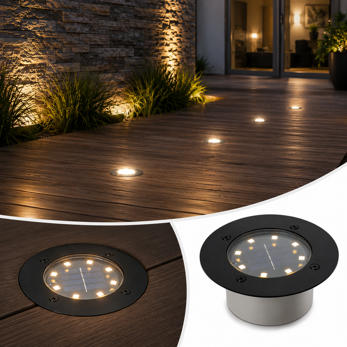 Solar LED Bodeneinbaustrahler 12 cm | IP65 | Edelstahl & Aluminium | Warmweiß | Dämmerungssensor