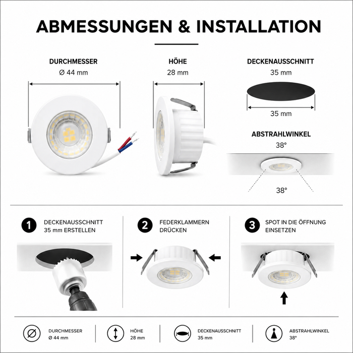 LED Einbaustrahler 3W 230V IP54 – CCT 3000K/4000K/6400K, Ø44mm, 35mm Einbaumaß, 4 Designringe