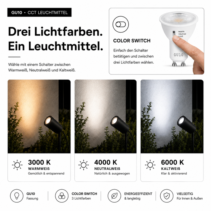 Erdspießstrahler 5W mit CCT 3000K–4000K–6000K IP67 | Schwarz | inkl. GU10 LED