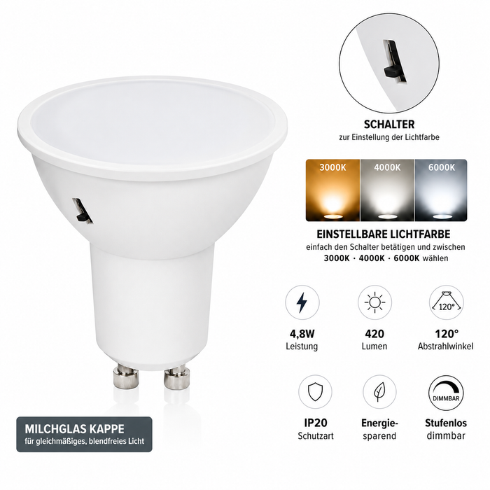 GU10 LED Leuchtmittel 5W 230V Kappe – CCT 3000K/4000K/6000K – 3 Lichtfarben – dimmbar – für Einbaustrahler