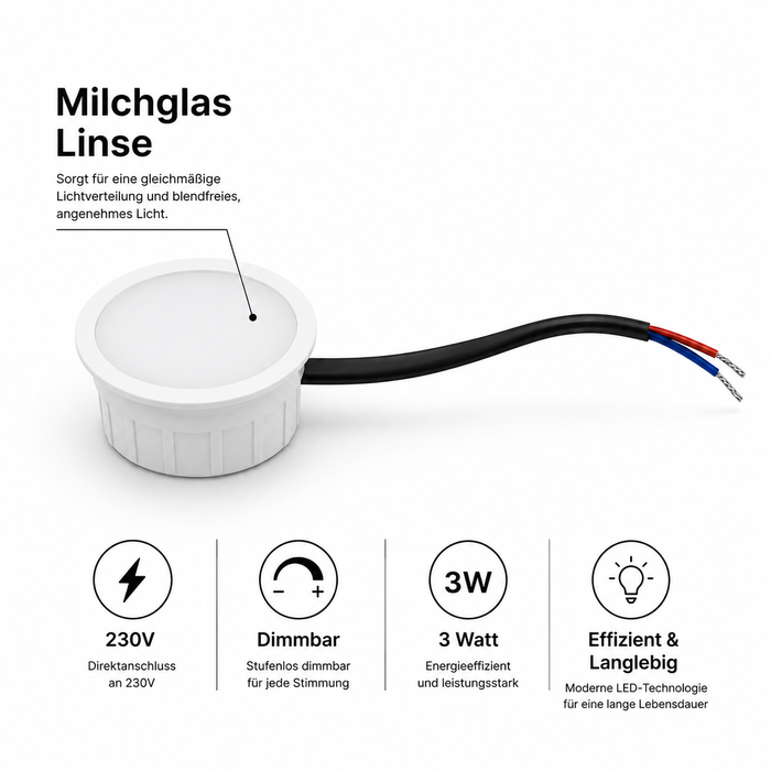 Mini LED Einbaustrahler 3W 230V IP44 Weiß Matt – Dimmbar, 3000K/6000K, Ø55mm