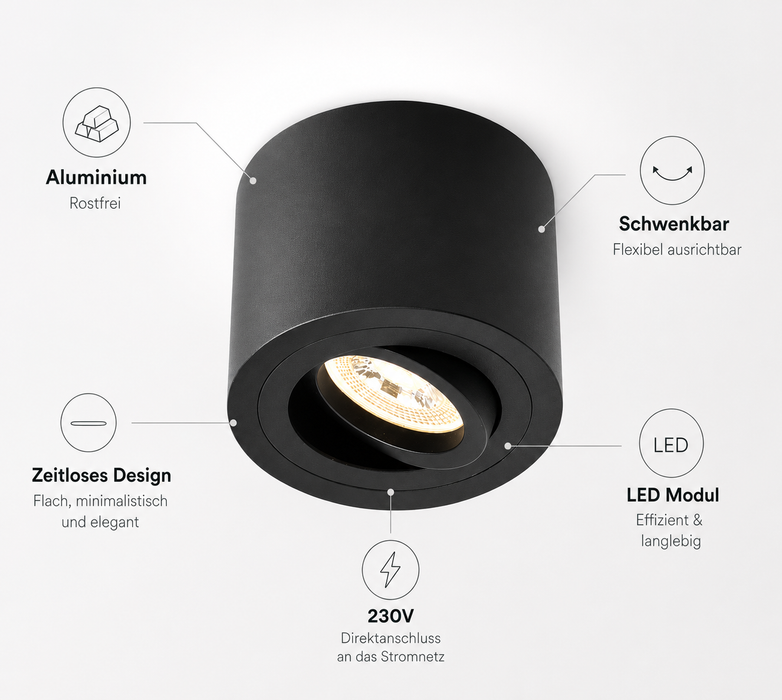 LED Aufbaustrahler Flach Schwarz Rund – 5W Dimmbar – 230V – 120°