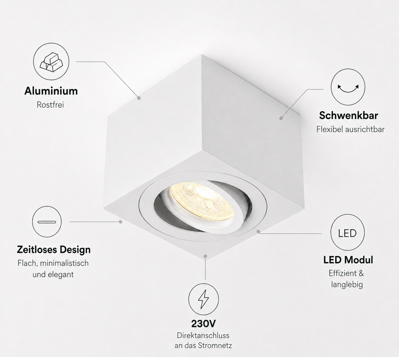 LED Aufbauleuchte Flach – Weiß Eckig – 5W – Dimmbar – 230V