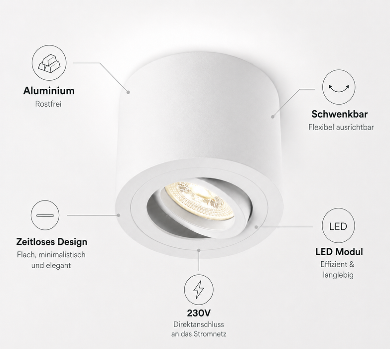 LED Aufbaustrahler Flach Weiß Rund – 5W Dimmbar – 230V – 120°