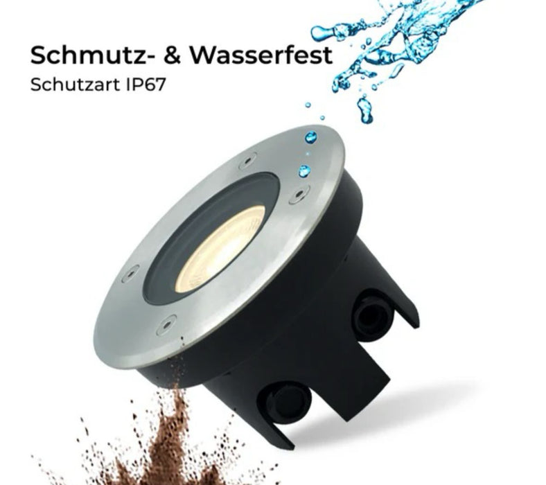Flacher, runder Bodeneinbaustrahler IP67, Edelstahl gebürstet, inkl. 5W LED-Modul, 230V, 120° Abstrahlwinkel.