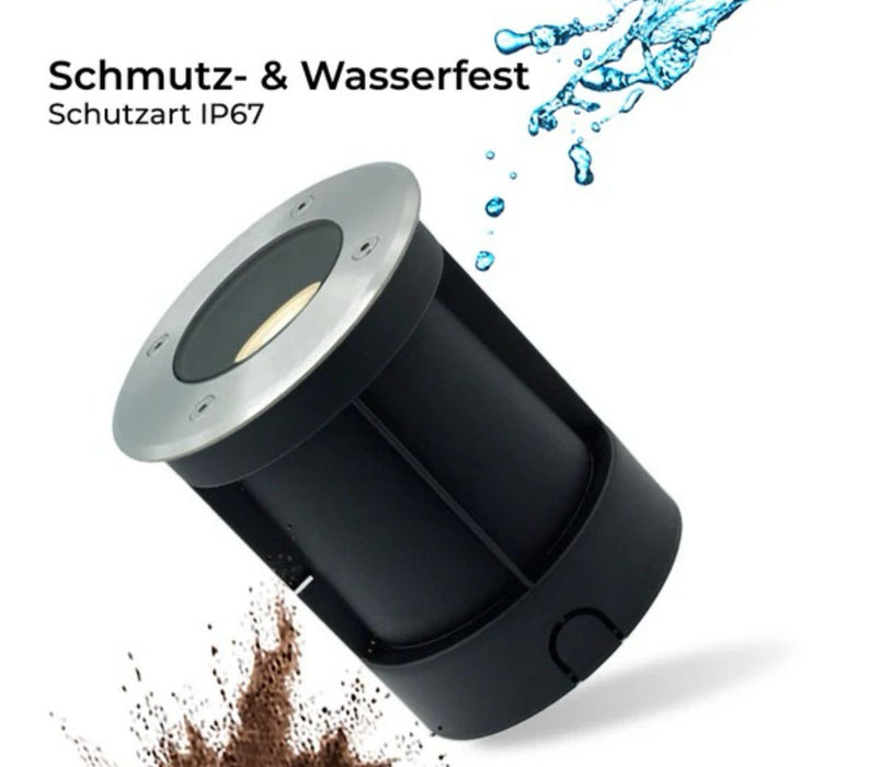 Schwenkbarer LED-Bodenstrahler, rund und Edelstahl gebürstet, mit IP67 Schutzklasse, inklusive 3W GU10 LED, 230V.