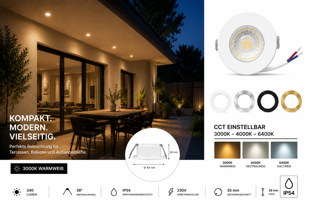 LED Einbaustrahler 3W 230V IP54 – CCT 3000K/4000K/6400K, Ø44mm, 35mm Einbaumaß, 4 Designringe